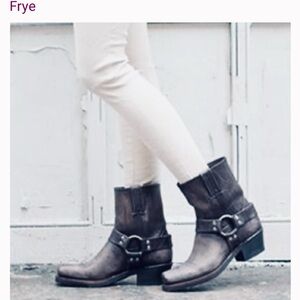 Frye Women's distressed vintage black silver leather harness ankle boots